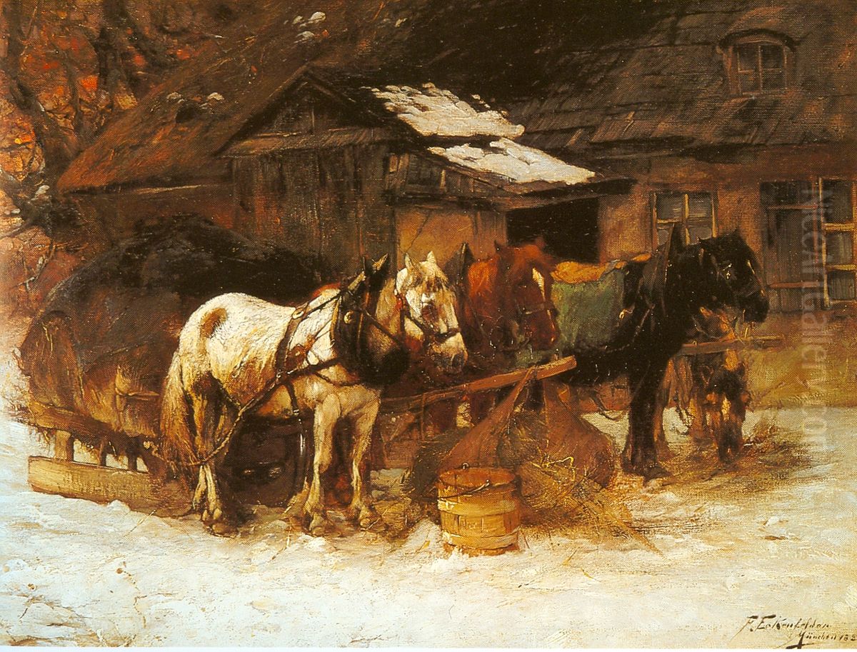 Pferdeschlitten vor der Walke Oil Painting by Friedrich Eckenfelder