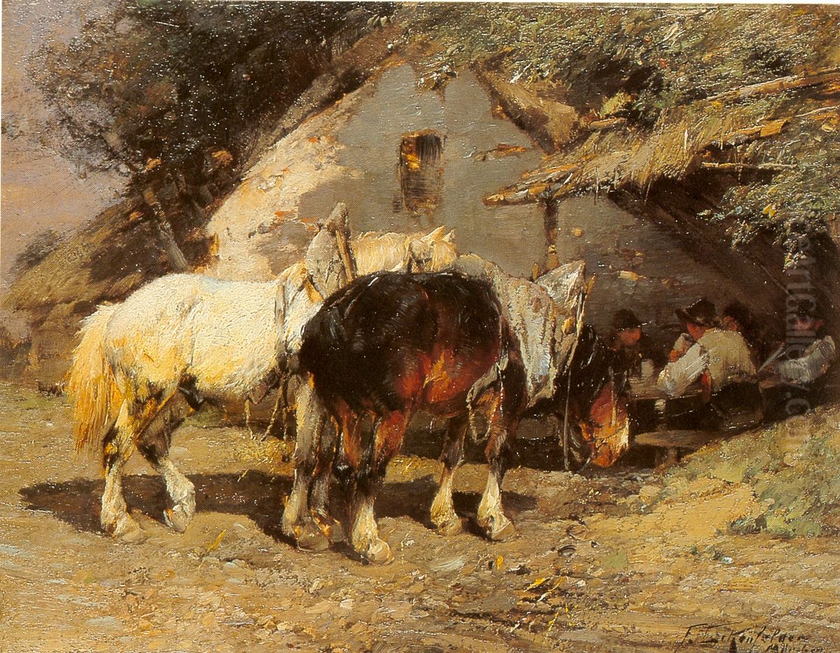 Mittagsrast vor der Hutte Oil Painting by Friedrich Eckenfelder