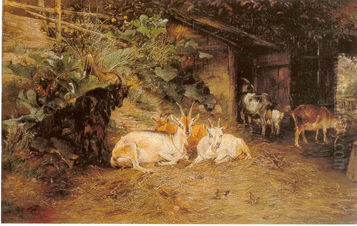 Goats at the stable Oil Painting by Friedrich Eckenfelder