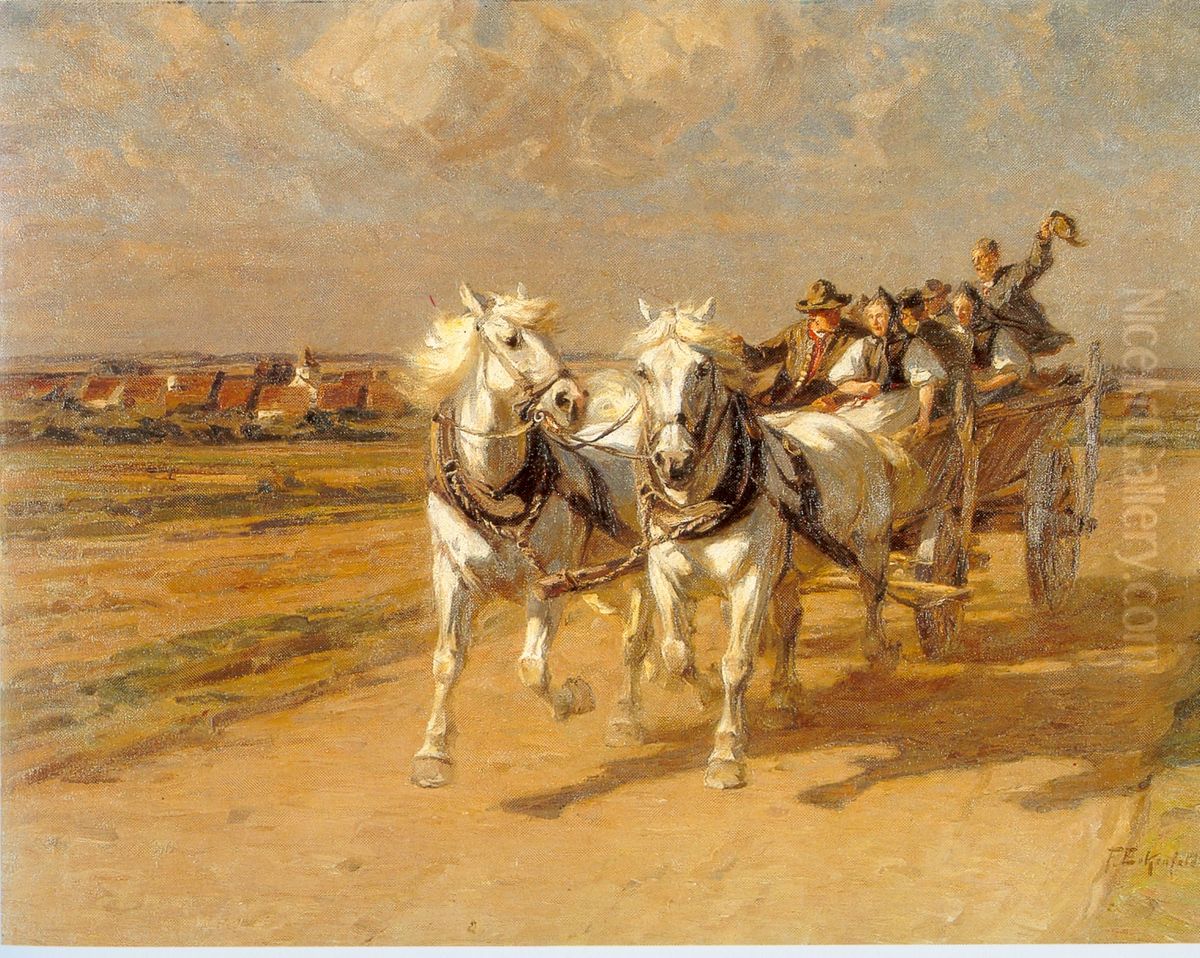 Schimmelgespann mit lustiger Bauerngesellschaft im Wagen Oil Painting by Friedrich Eckenfelder