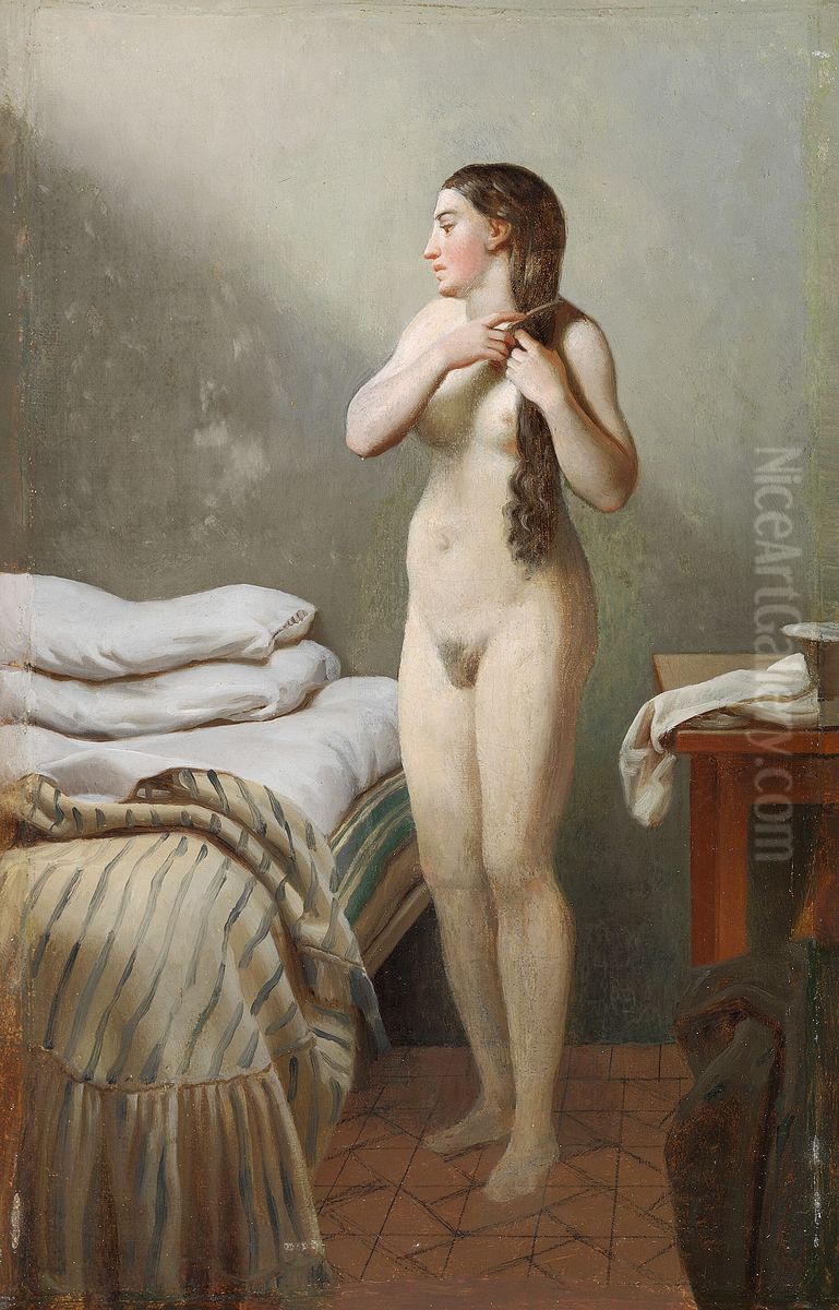 A female standing by a bed, combing her hair. Oil Painting by Christoffer Wilhelm Eckersberg