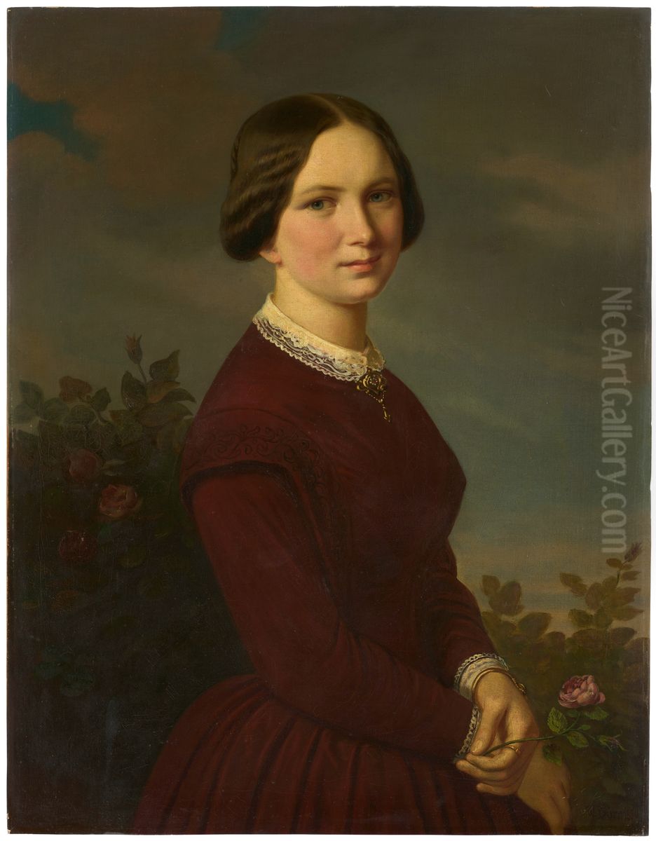 Junges Madchen mit Rose in der Hand Oil Painting by Wilhelm Durr the Elder