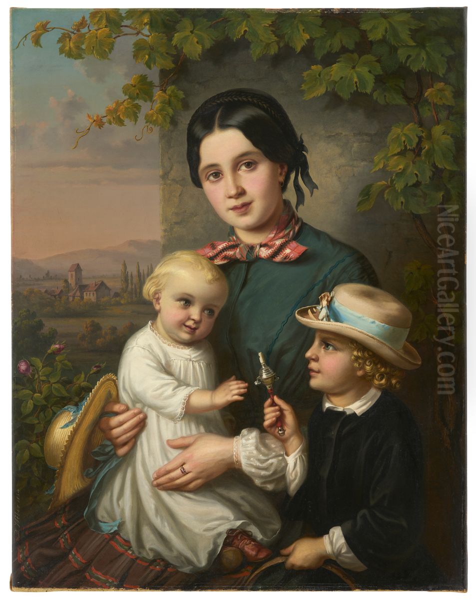 Portrait d'une jeune femme avec deux enfants Oil Painting by Dominik Weber