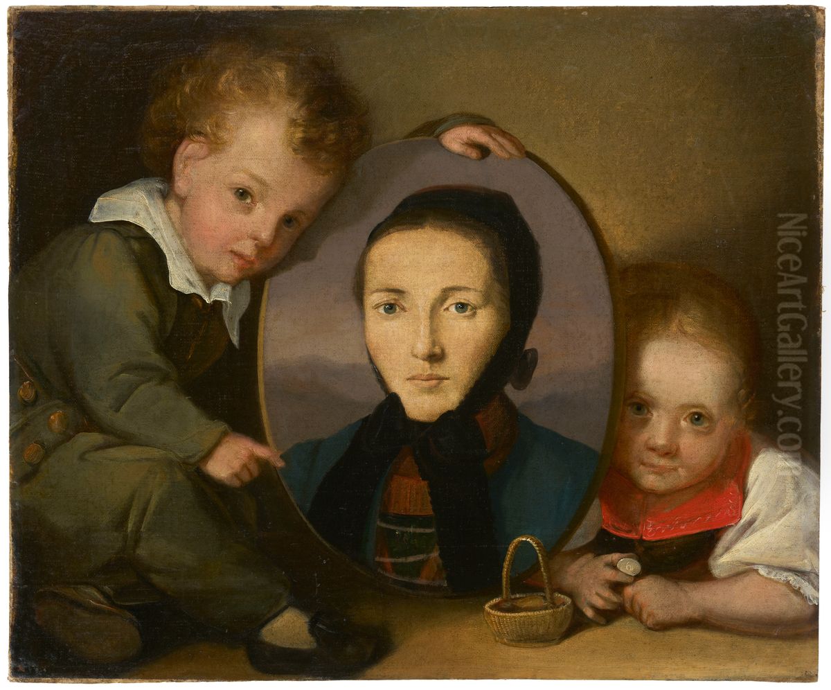 Selbstbildnis mit Mutter und Schwesterchen Oil Painting by Carl Heine