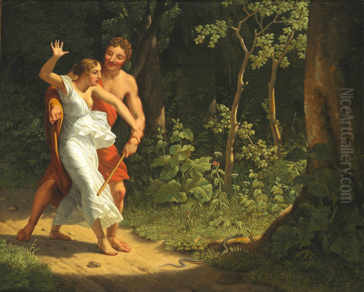 En Forforelsesscene i en Skov Oil Painting by Christoffer Wilhelm Eckersberg