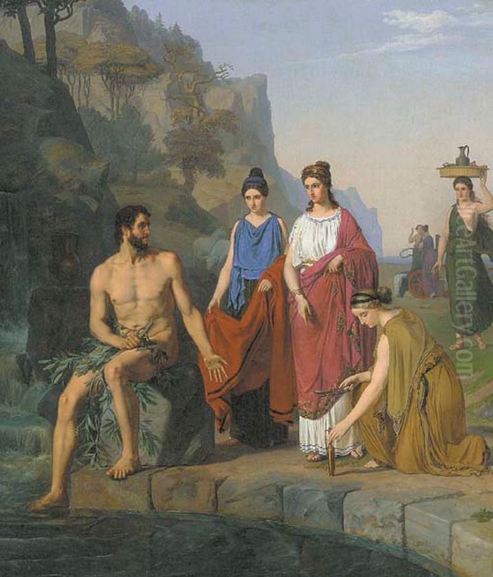Nausikaa and her maids bringing clothes to the shipwrecked Odysseus. Oil Painting by Heinrich Eddelien