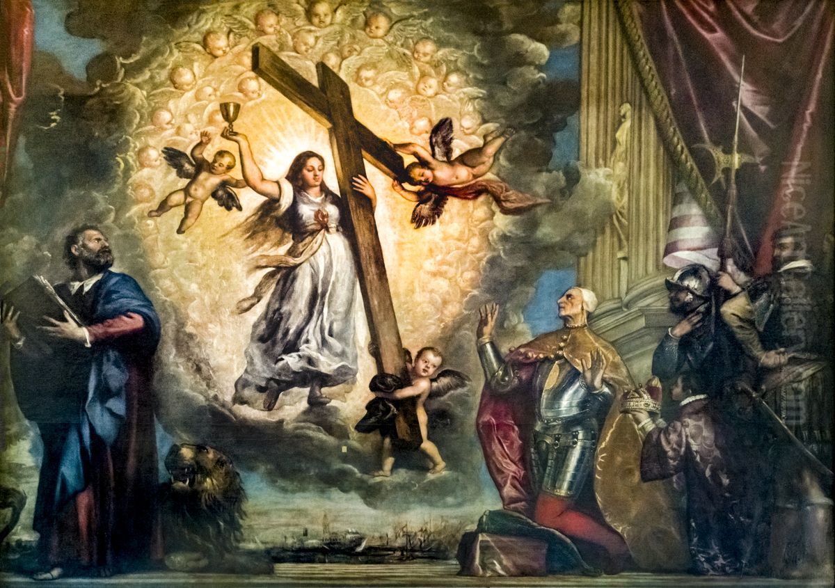 Doge Antonio Grimani Kneeling Before the FaithFrancais:Le Doge Antonio Grimani a genoux devant la foiItaliano:Doge Antonio Grimani in ginocchio davanti alla Fede Oil Painting by Marco Vecellio