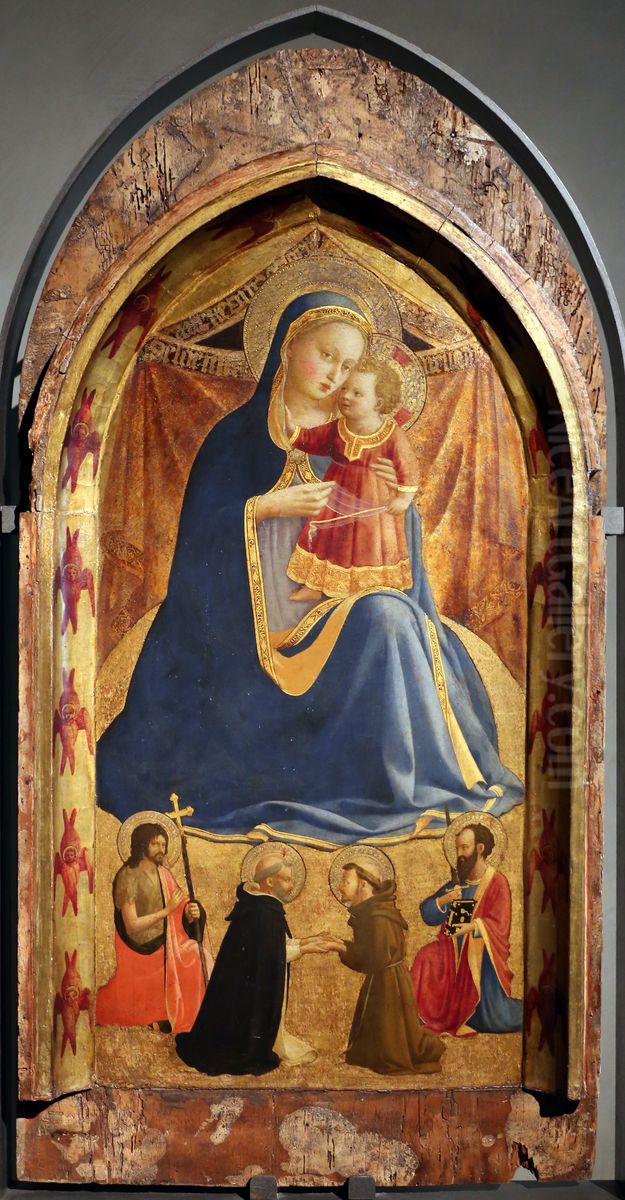 Demutsmadonna mit den heiligen Johannes der Taufer und Paulus und das Treffen der heiligen Dominiks und Franziskus Oil Painting by Fra Angelico