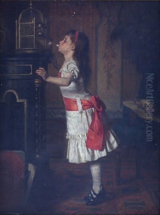 Girl with canary. Oil Painting by Leopold Loeffler