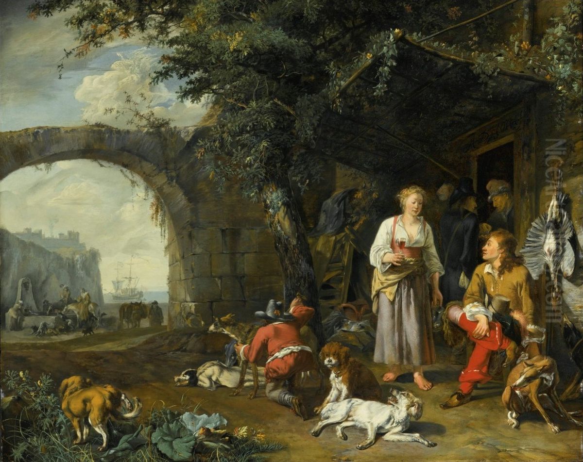 Sportsman Offered Refreshment outside an Inn while His Dogs Rest after the Hunt Oil Painting by Abraham Danielsz. Hondius