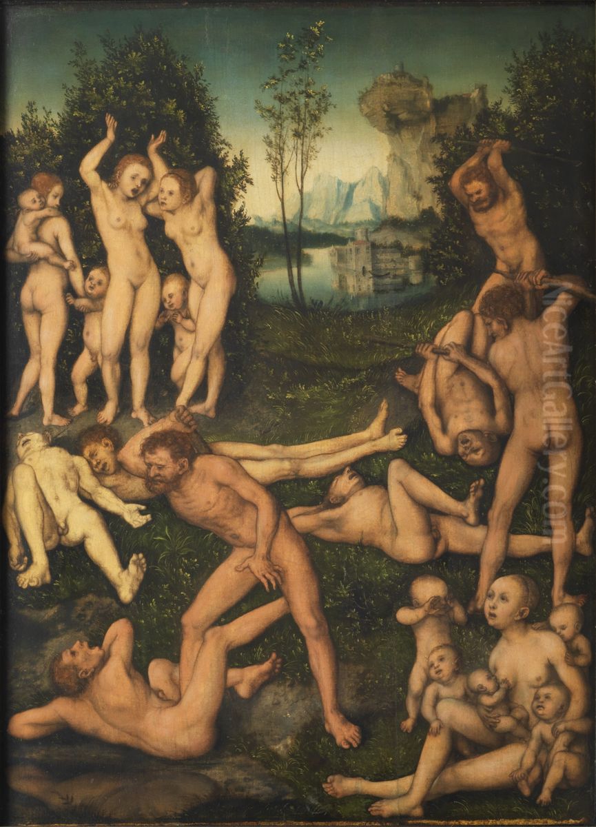 Kampf nackter Manner und ihre klagenden Frauen Oil Painting by Lucas Cranach the Elder