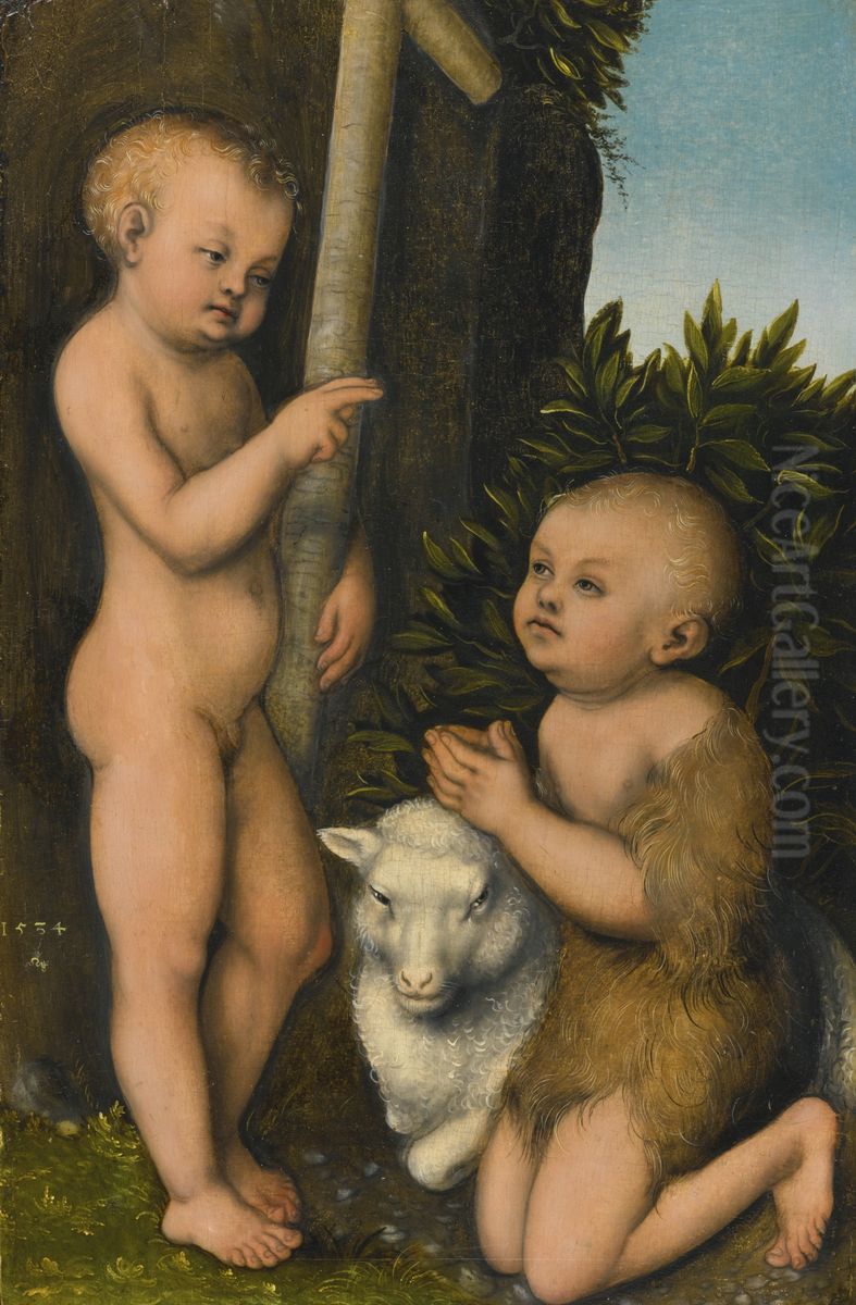 Das Jesuskind mit dem jugendlichen Johannes / Die Anbetung des Jesuskindes durch Johannes den Taufer Oil Painting by Lucas Cranach the Elder