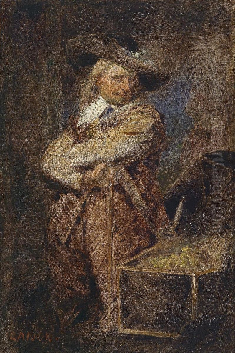 A Man In Period Costume From The Time Of Oliver Cromwell Standing Next To An Open Treasure Chest Oil Painting by Hans (Johann von Strasiripka) Canon