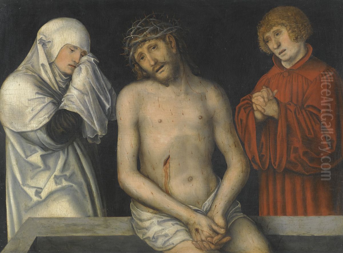 Man of Sorrows flanked by the Virgin and St John Oil Painting by Lucas The Younger Cranach