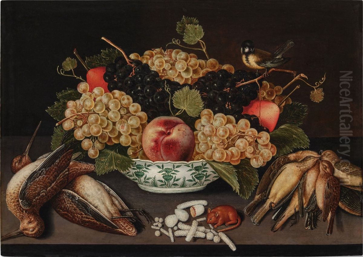 Still life of grapes, pears, and a peach in a porcelain bowl, with a blue tit on a vine branch, together with a mouse, sweetmeats, two snipes, and songbirds Oil Painting by Francesco Codino