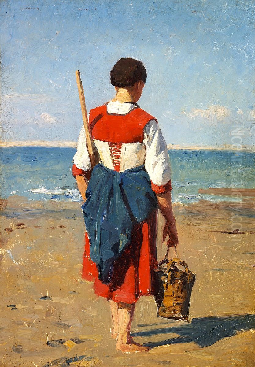 Fiskerpige med kurv set fra ryggen, Frankrig. Oil Painting by Laurits Tuxen