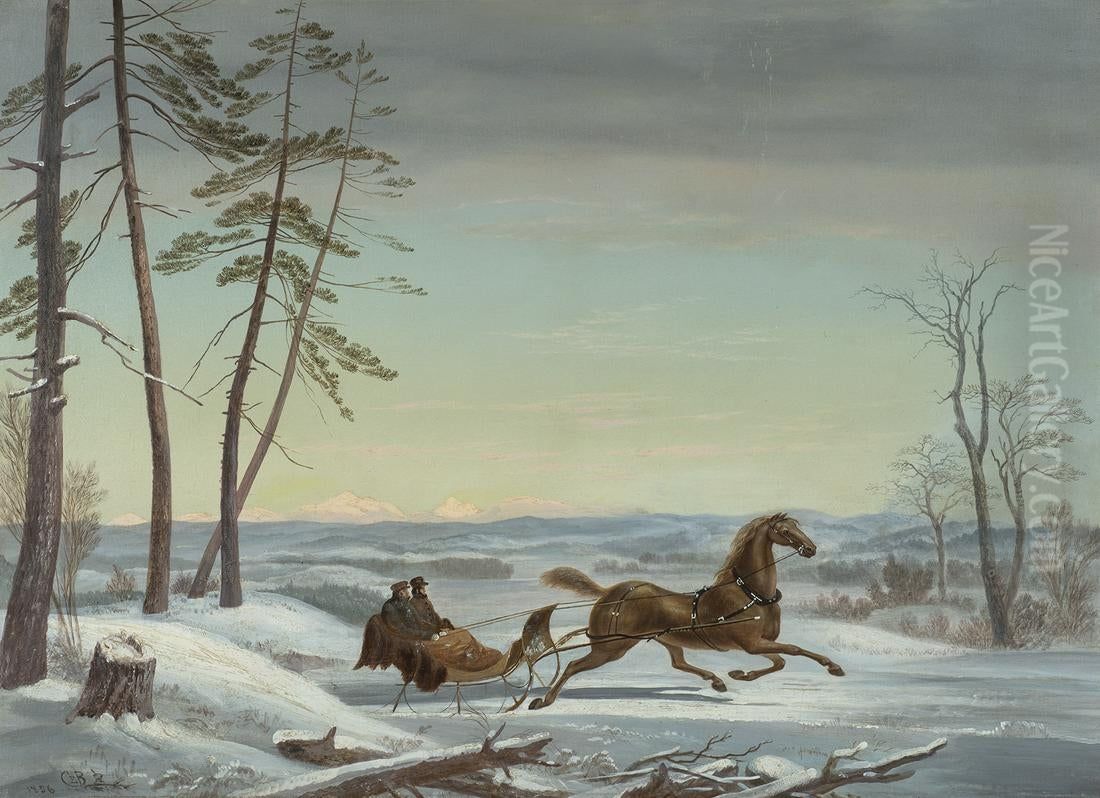 Winter Sleigh Ride with Mountains in Background Oil Painting by Unidentified location
