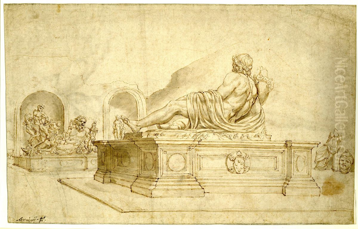 View of the Belvedere Sculpture Court Oil Painting by Maarten Van Heemskerck