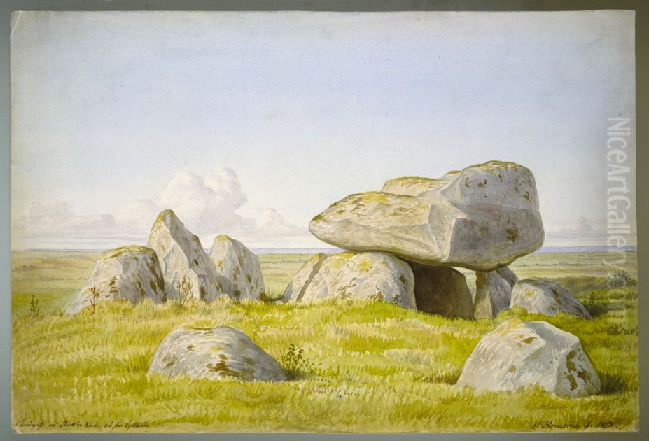 Stendysse at Raklev Church, seen from the south side. Raklev parish. Oil Painting by Jacob Kornerup