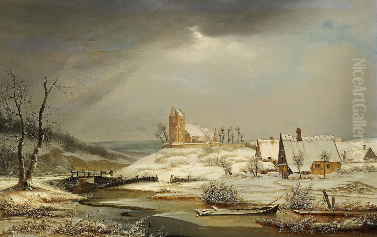 Winter landscape with houses and a church. Oil Painting by F.M.E. Fabritius de Tengnagel