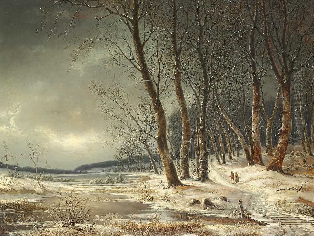 Winter in the woods. A woman and a man on a path, gathering firewood. Oil Painting by F.M.E. Fabritius de Tengnagel