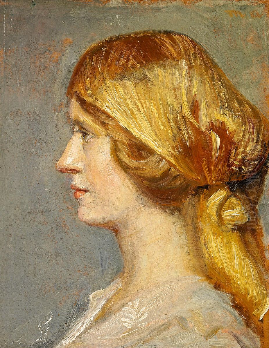 Profilportraet af en ung pige med gult torklaede om hovedet. Oil Painting by Michael Peter Ancher