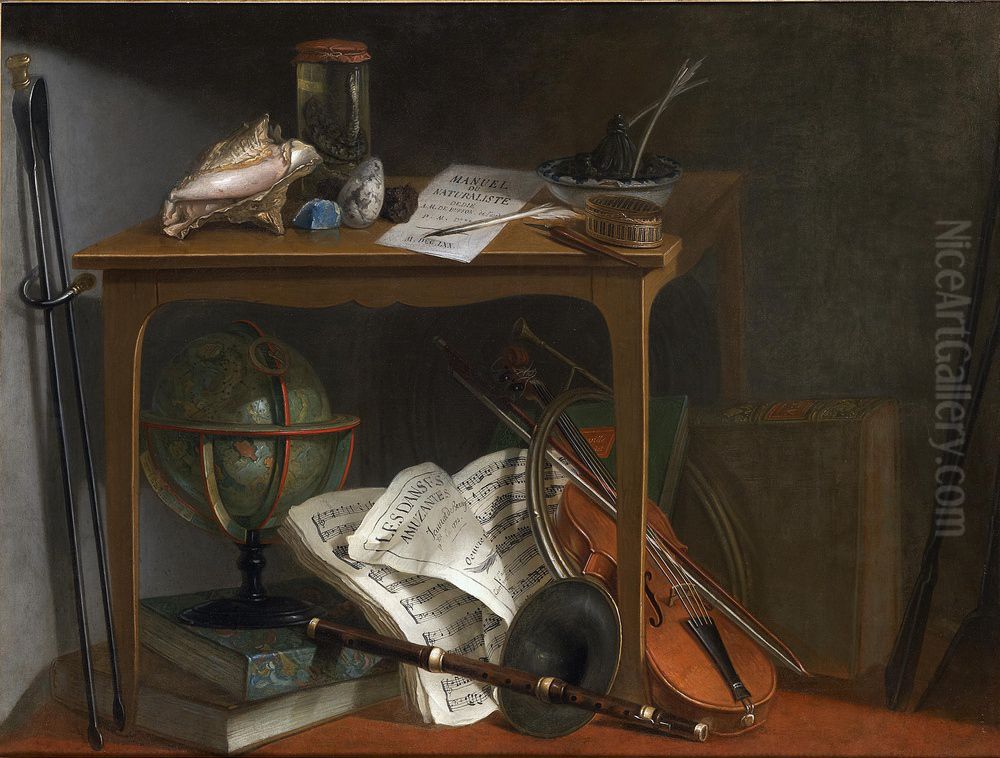 Curiosity objects on a table covered by a world map and musical instruments Oil Painting by Nicolas Henri Jeaurat de Bertry