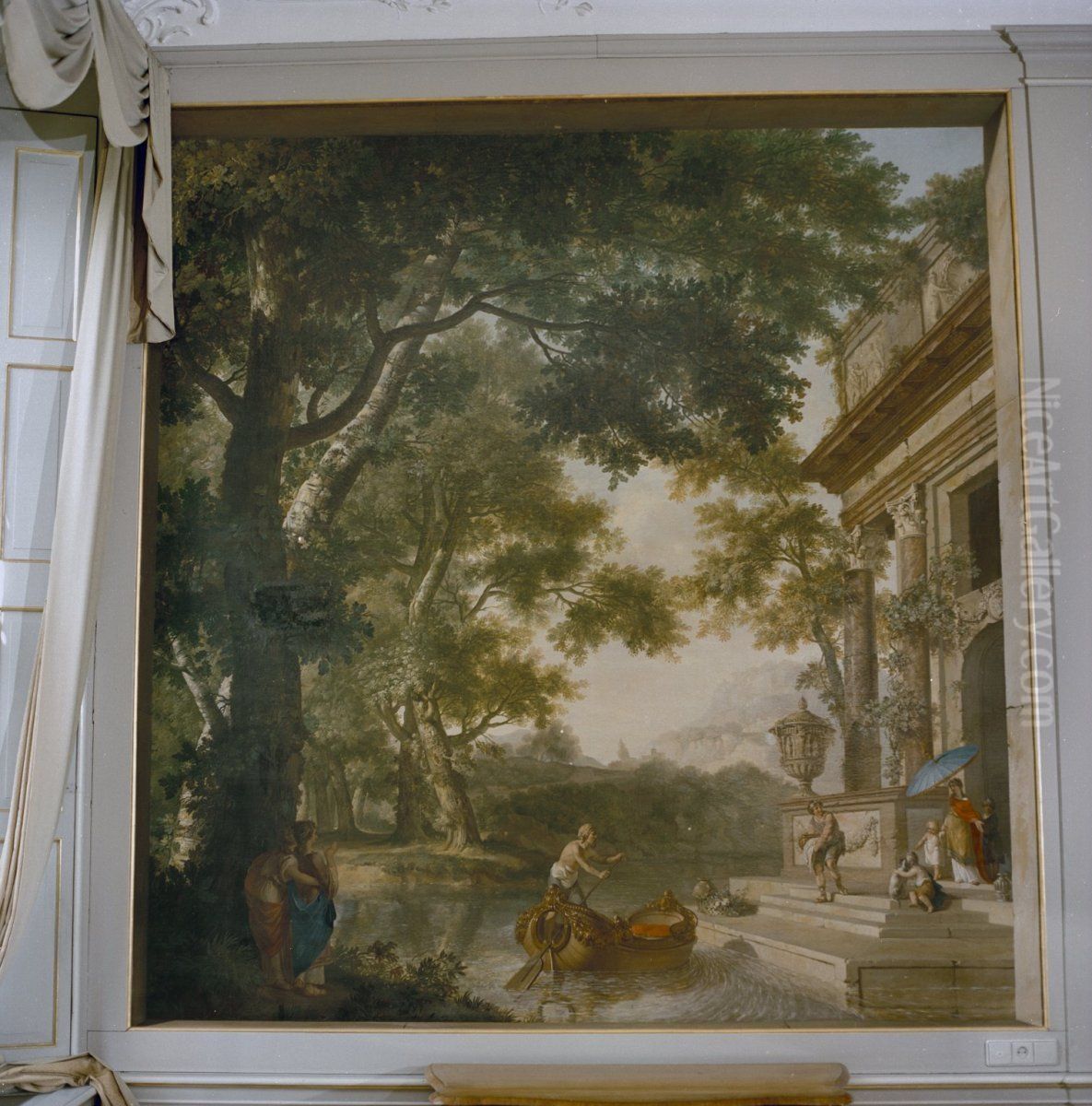 Het inschepen van een dame met gevolg bij een klassiek bouwwerk., 1770 gedateerd Oil Painting by Jurriaen Andriessen