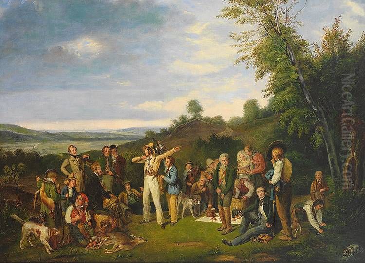 Grosse Jagdgesellschaft beim Picknick in hugeliger Landschaft Oil Painting by Unidentified painter