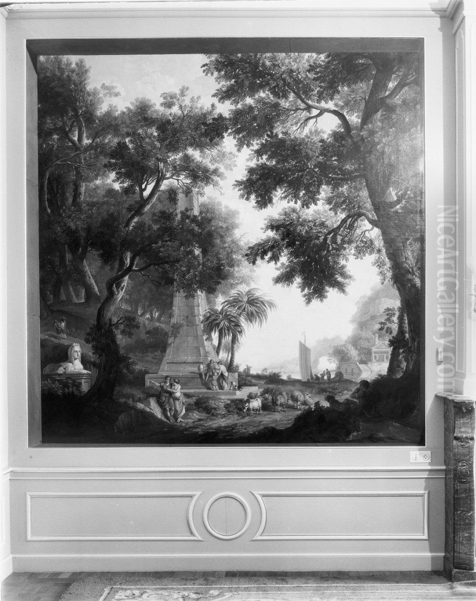 Klassiek arcadisch landschap obelisk en sfinx, 1770 gedateerd Oil Painting by Jurriaen Andriessen