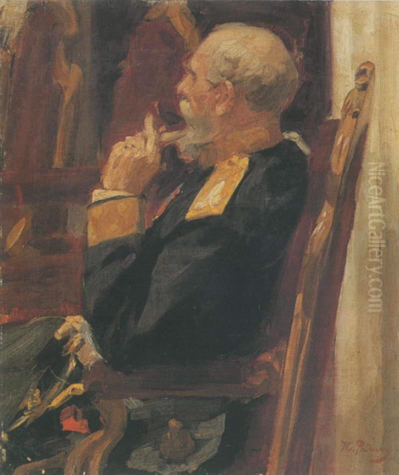 Portrait of professor emeritus of the Imperial Military Academy, infantry general and member of State Council Nikolai Nikolayevich Obruchev. Oil Painting by Repin Iliya