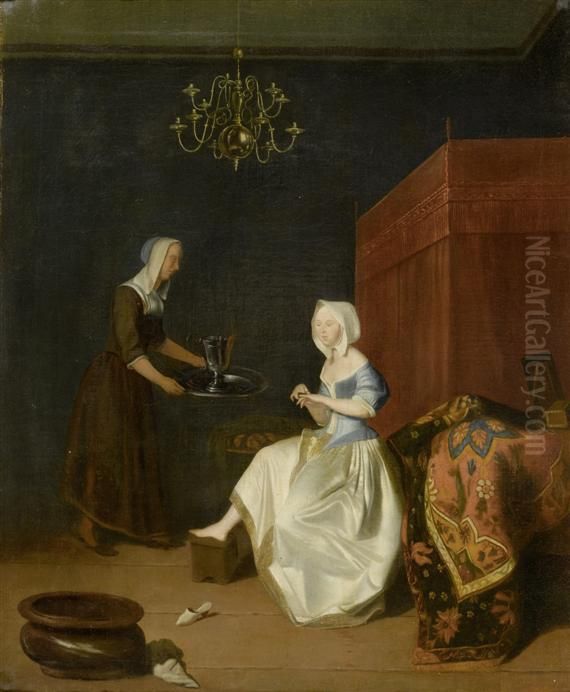A Young Lady trimming her Fingernails, attended by a Maidservant Oil Painting by Jacob Ochtervelt