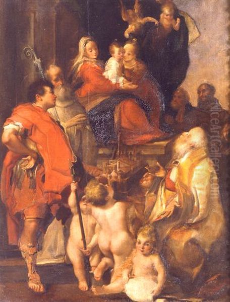 Sposalizio mistico di santa Caterina e i santi Petronio, Procolo, Domenico, Francesco e Floriano Oil Painting by Pietro Faccini