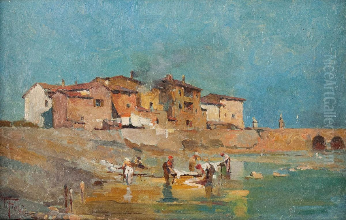 Laundresses at the river Oil Painting by Raffaele Faccioli
