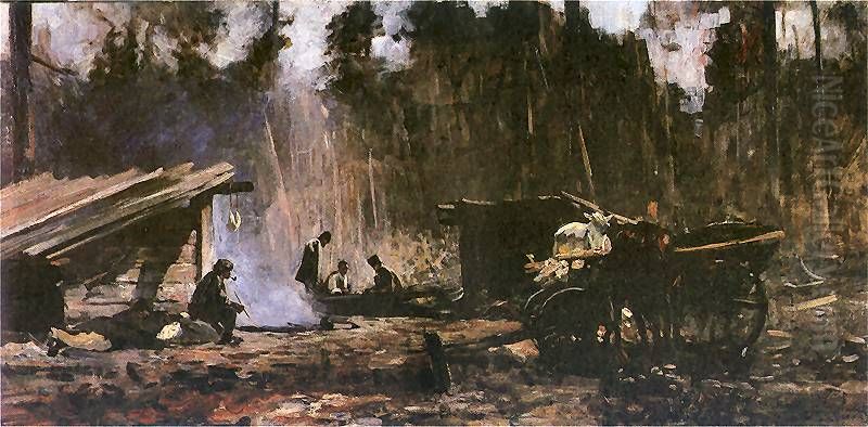 Hunters' rest in forest Oil Painting by Julian Falat