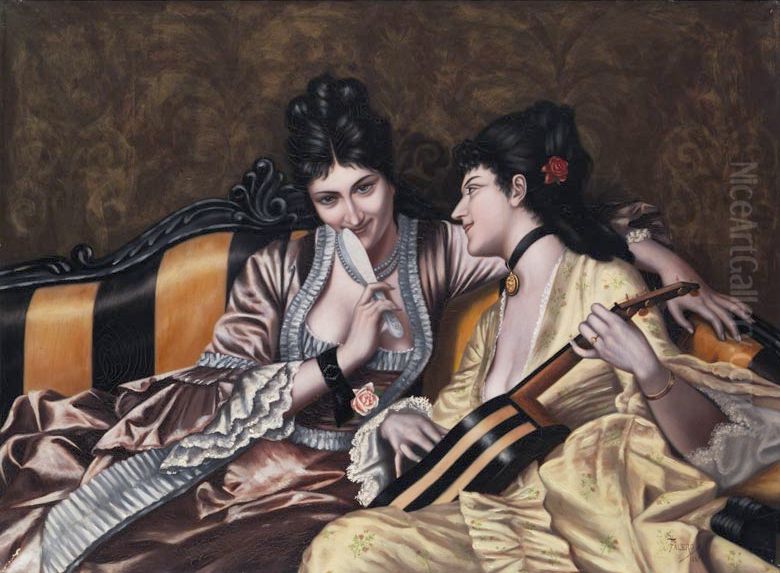 Two ladies on a sofa Oil Painting by Luis Ricardo Falero