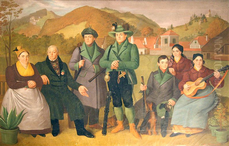 Familie des Sensengewerken Franz Serafin Zeitlinger an der Zinne. Oil Painting by Franz Xaver Bobleter