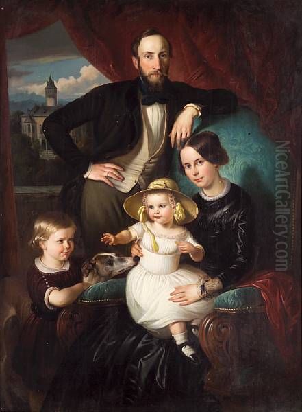 A portrait of the von Cramm family with the family home, Schloss Oelber, in the distance. Oil Painting by unknown