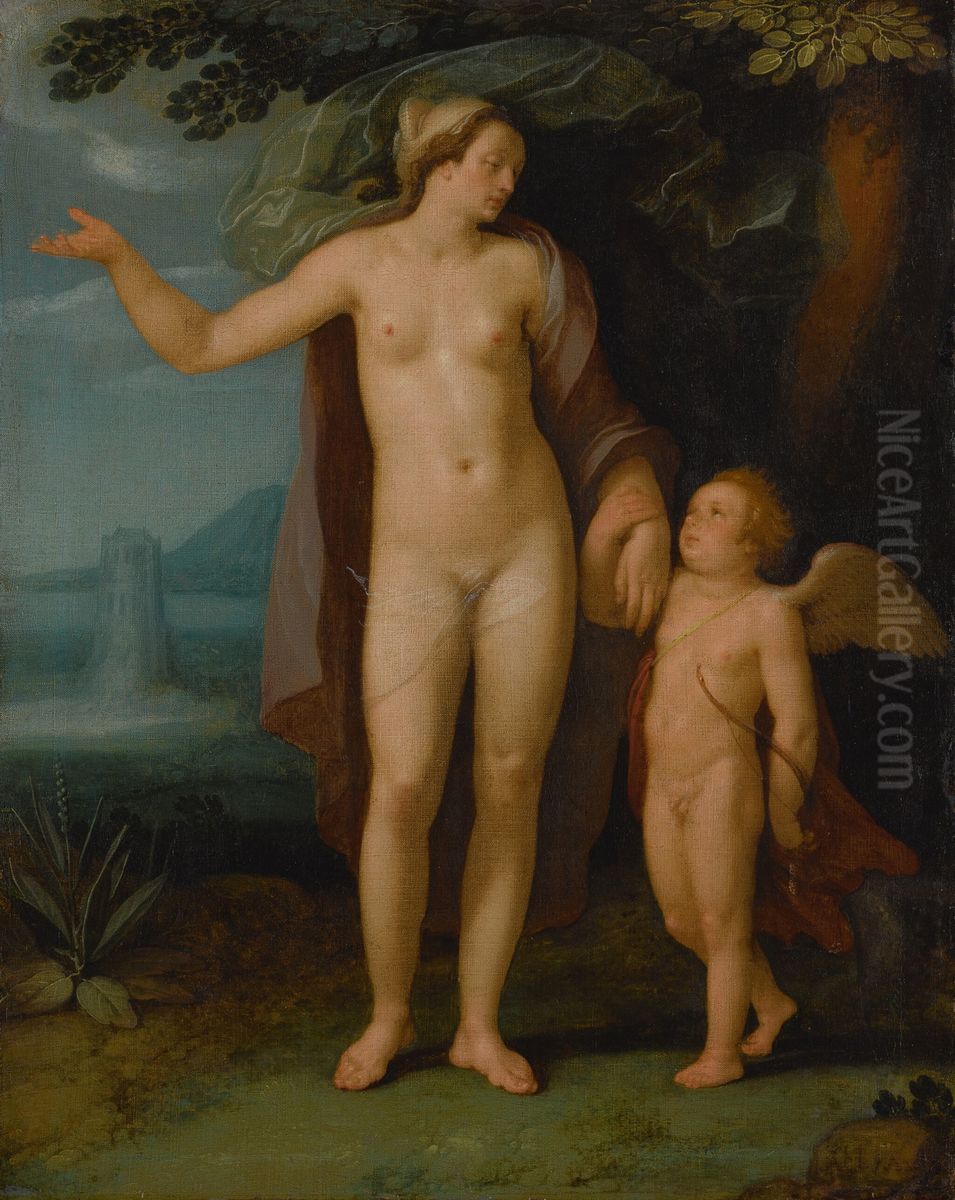Venus and Cupid in a landscape Oil Painting by Cornelis van Haarlem