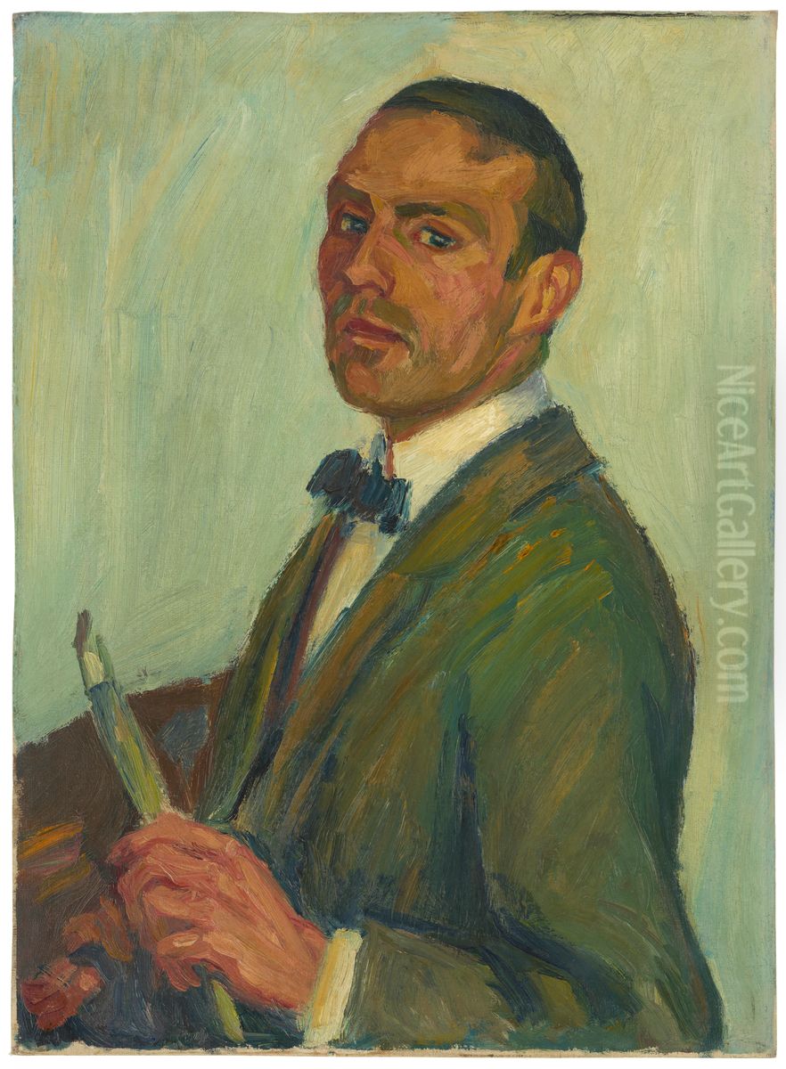 Autoportrait avec pinceau et palette Oil Painting by Karl Krebs