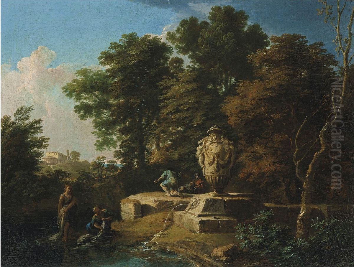An Italianate landscape with washerwomen and shepherds ... Oil Painting by Andrea Locatelli