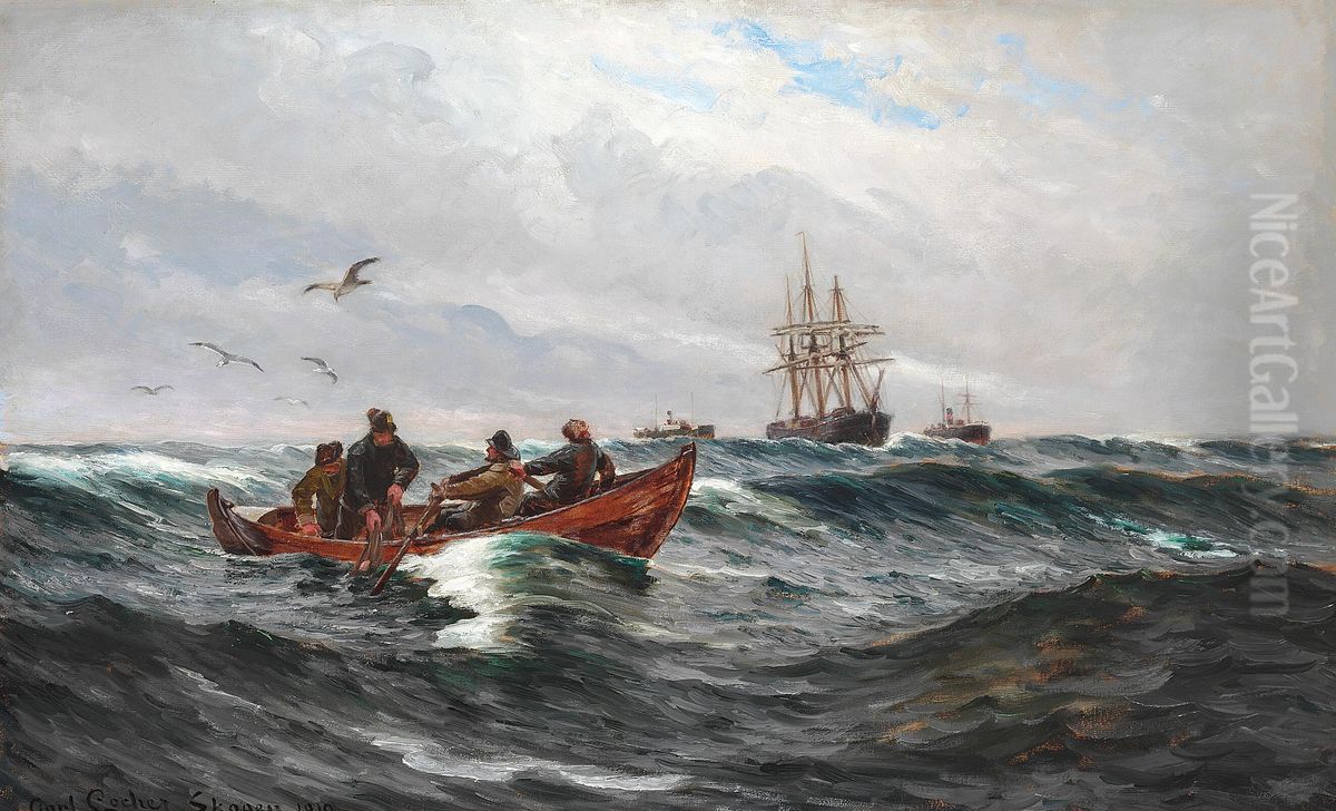 Fishermen at sea in their rowboat. Oil Painting by Carl Locher