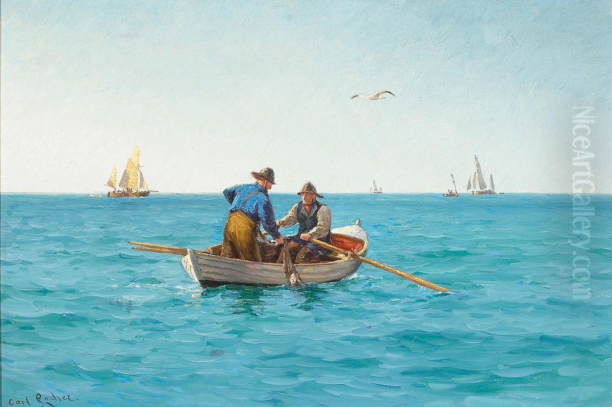 Fishermen dragging in their nets. Oil Painting by Carl Locher