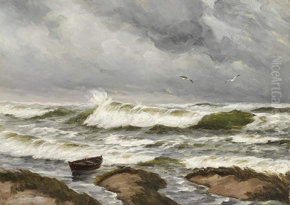 Surf, dark clouds are gathering. Oil Painting by Carl Locher