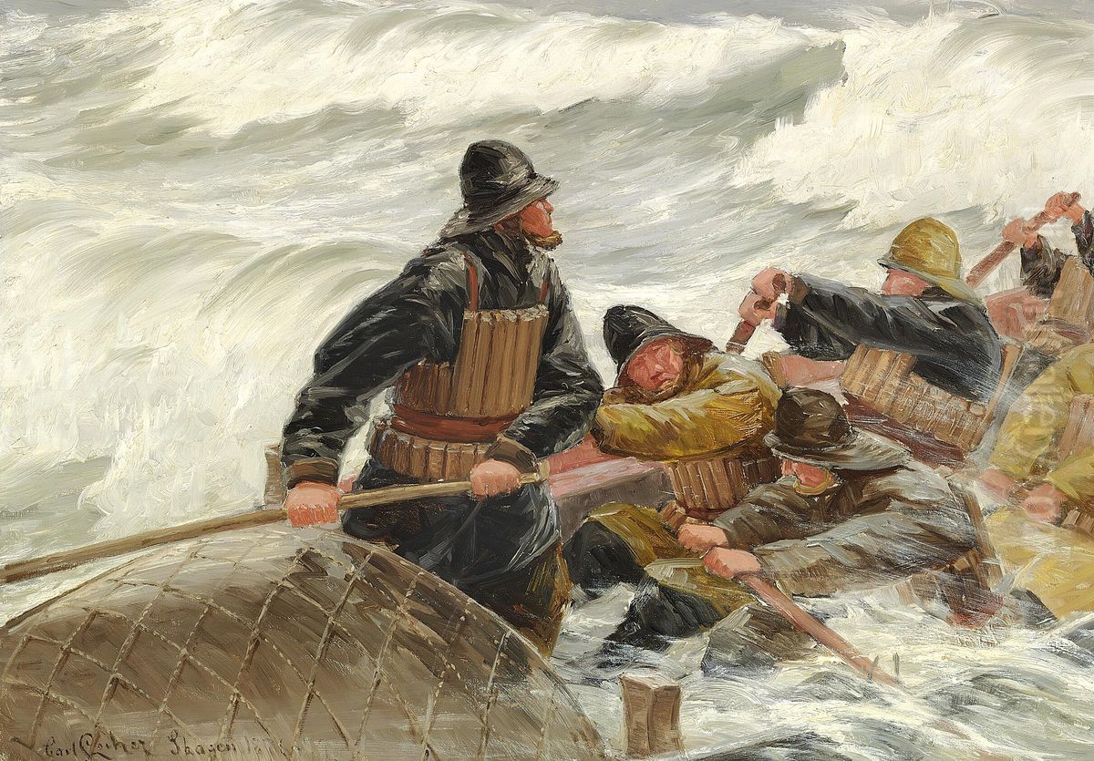 A lifeboat heading out from Skagen in stormy weather. Oil Painting by Carl Locher