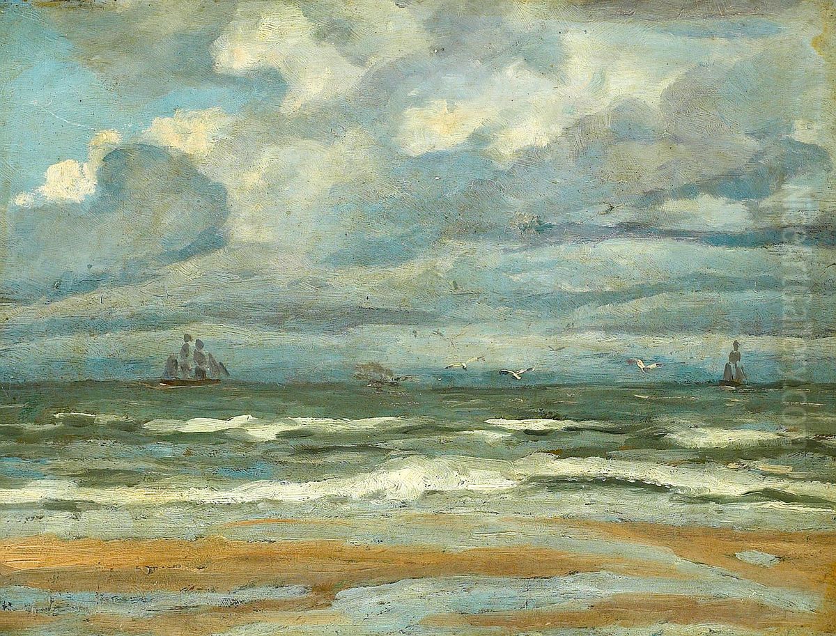 The sea with ships and seagulls. Oil Painting by Carl Locher