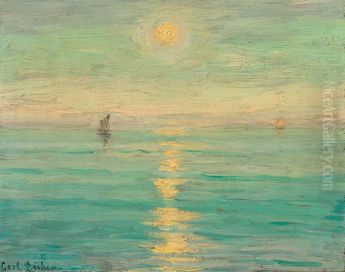 Ships on the sea, sundown. Oil Painting by Carl Locher