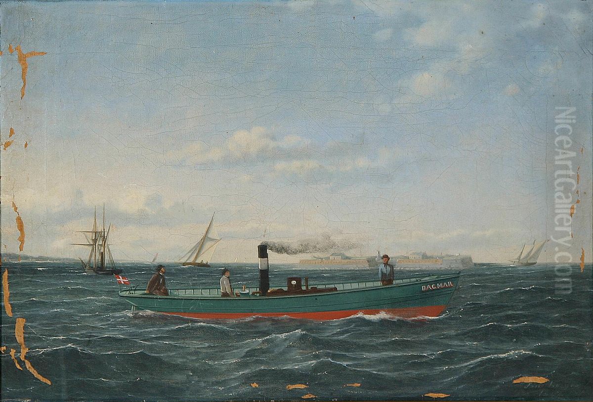 The steam tug Dagmar passing Trekroner near Copenhagen. Oil Painting by Jens Thielsen Locher
