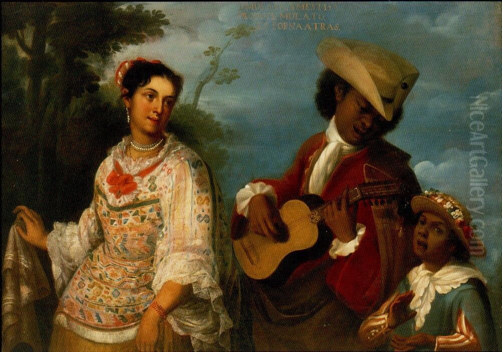 De mulato y mestiza, produce mulato, es torna atras Oil Painting by Juan Rodriguez Juarez