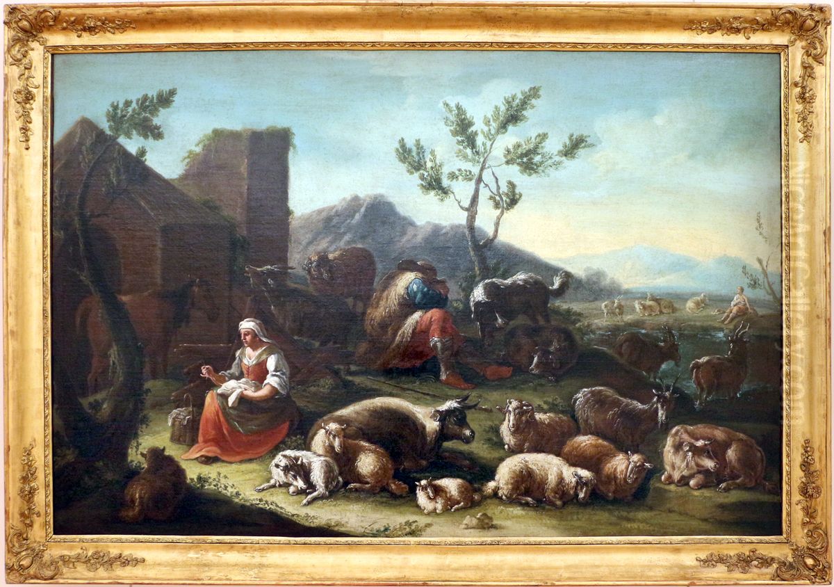 paesaggio con pastori e armenti a riposo Oil Painting by Domenico Brandi